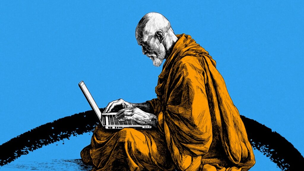 An old man learning on a laptop