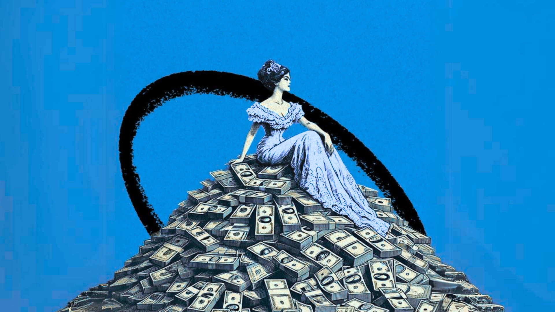 A person sitting on a mountain of money