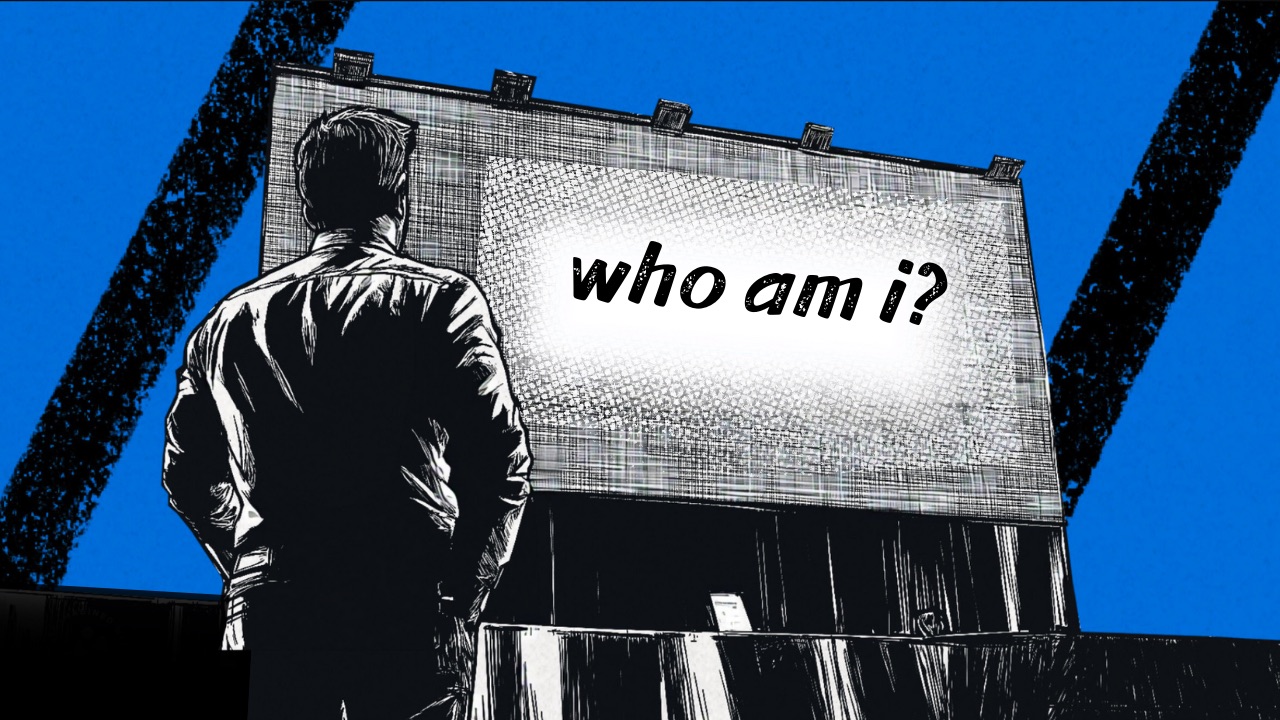 a man looking at a big banner with text "who am i?"